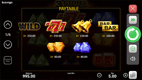 3 Coins Hold and Win Slot Paytable
